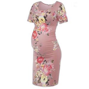New Pink Floral Viral Baby Bump Picture Shower Maternity Dress Stretch Size M